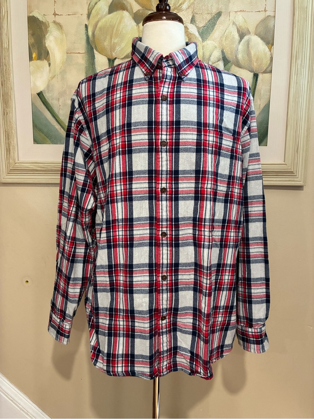 Lands' End Men's Red, Navy & White Plaid Button-Down Flannel 2XL Shirt